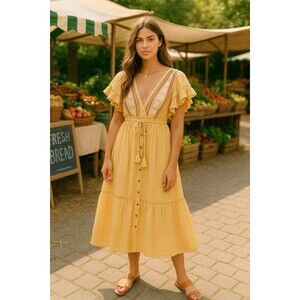 Free People Women's Floral‎ Embroidered Tassel V-Neck Midi Dress Yellow Size XS